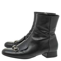Pre Owned Gucci Black Leather Horsebit Ankle Boots Size 38.5