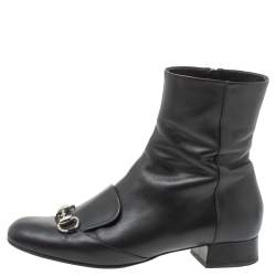 Pre Owned Gucci Black Leather Horsebit Ankle Boots Size 38.5