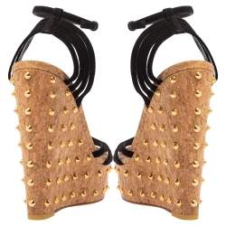 مملوكة مسبقًا صندل غوتشي سير كاحل و كعب روكي فليني مرصع و نعل سميك سويدي أسود مقاس 37.5