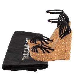 مملوكة مسبقًا صندل غوتشي سير كاحل و كعب روكي فليني مرصع و نعل سميك سويدي أسود مقاس 37.5