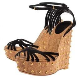 مملوكة مسبقًا صندل غوتشي سير كاحل و كعب روكي فليني مرصع و نعل سميك سويدي أسود مقاس 37.5