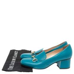 Pre Owned Gucci Blue Leather Horsebit Block Heel Loafer Pumps Size 38