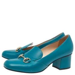 Pre Owned Gucci Blue Leather Horsebit Block Heel Loafer Pumps Size 38