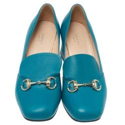 Pre Owned Gucci Blue Leather Horsebit Block Heel Loafer Pumps Size 38