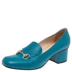 Pre Owned Gucci Blue Leather Horsebit Block Heel Loafer Pumps Size 38