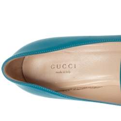Pre Owned Gucci Blue Leather Horsebit Block Heel Loafer Pumps Size 38