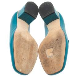Pre Owned Gucci Blue Leather Horsebit Block Heel Loafer Pumps Size 38