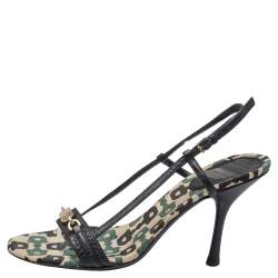 Gucci Black/Green Leather Gucci Embellished Slingback Sandals Size 36