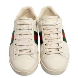 مملوكة مسبقًا حذاء رياضي غوتشي "ايس" منخفض من أعلى ويب نحلة جلد أبيض مقاس 36.5