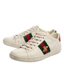 مملوكة مسبقًا حذاء رياضي غوتشي "ايس" منخفض من أعلى ويب نحلة جلد أبيض مقاس 36.5