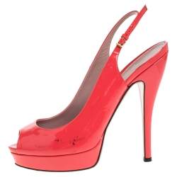 Pre Owned Gucci Coral Patent Leather Peep Toe Slingback Sandals Size 39