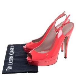 Pre Owned Gucci Coral Patent Leather Peep Toe Slingback Sandals Size 39