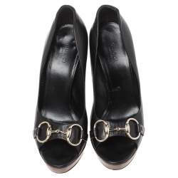 Pre Owned حذاء كعب عالي غوتشي "جوليني" هورسبيت مقدمة مفتوحة جلد أسود مقاس 37