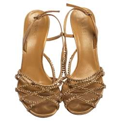 Pre Owned Gucci Gold Satin Crystal Embellished Sandals Size 37.5