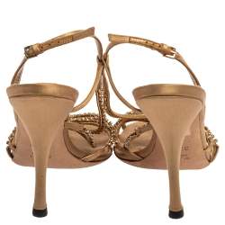 Pre Owned Gucci Gold Satin Crystal Embellished Sandals Size 37.5