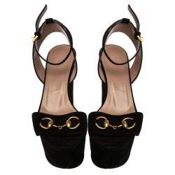 مملوكة مسبقًا Gucci Black Suede Horsebit Platform Ankle Strap Wedge Sandals Size 36.5