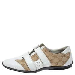 مملوكة مسبقًا حذاء رياضي غوتشي فيلكرو جلد و كانفاس جي جي أبيض و بيج مقاس 40