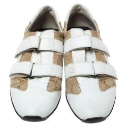 مملوكة مسبقًا حذاء رياضي غوتشي فيلكرو جلد و كانفاس جي جي أبيض و بيج مقاس 40