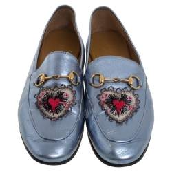 Gucci Metallic Blue Leather Jordaan Horsebit Slip On Loafers Size 40