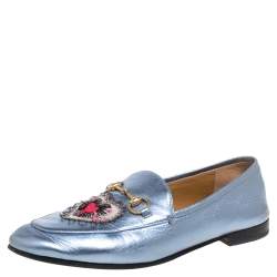 Gucci Metallic Blue Leather Jordaan Horsebit Slip On Loafers Size 40