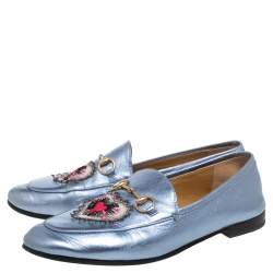 Gucci Metallic Blue Leather Jordaan Horsebit Slip On Loafers Size 40