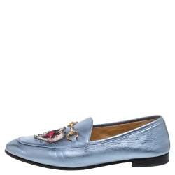 Gucci Metallic Blue Leather Jordaan Horsebit Slip On Loafers Size 40