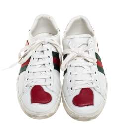 Pre Owned حذاء رياضي غوتشي "ايس" رباط علوي مزين ويب و قلب غوتشي جلد أبيض مقاس 34.5