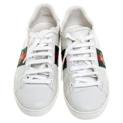 Pre Owned Gucci White Leather Ace Bee Web Low Top Sneakers Size 39