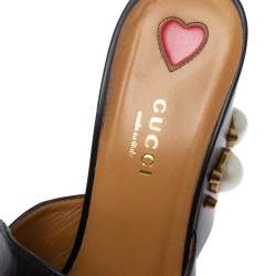 Pre Owned حذاء سلايد غوتشي "بيتون" مرصع لؤلؤ و مزين ويب جي جي جلد أسود مقاس 39.5