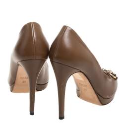 Pre Owned Gucci Brown Leather Horsebit Peep Toe Pumps Size 36