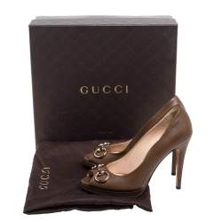 Pre Owned Gucci Brown Leather Horsebit Peep Toe Pumps Size 36
