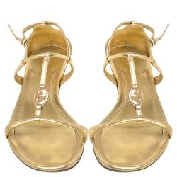 Pre Owned Gucci Gold Leather Logo Charm Strappy Sandals Size 38