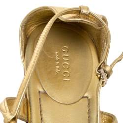 Pre Owned Gucci Gold Leather Logo Charm Strappy Sandals Size 38
