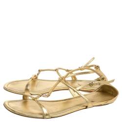 Pre Owned Gucci Gold Leather Logo Charm Strappy Sandals Size 38