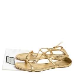 Pre Owned Gucci Gold Leather Logo Charm Strappy Sandals Size 38