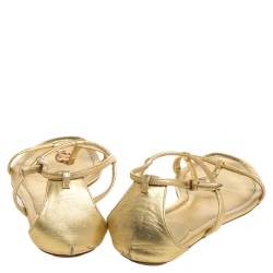 Pre Owned Gucci Gold Leather Logo Charm Strappy Sandals Size 38