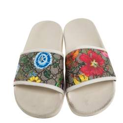 مملوكة مسبقًا Gucci Multicolor Coated Canvas GG Blooms Supreme Slide Sandals Size 39
