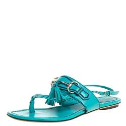 Pre Owned صندل غوتشي فلات بإصبع هورسبيت شراشيب جلد أزرق مقاس 36