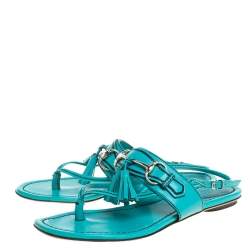 Pre Owned صندل غوتشي فلات بإصبع هورسبيت شراشيب جلد أزرق مقاس 36