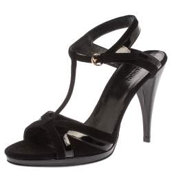 مملوكة مسبقًا صندل غوتشي سير تي جلد لامع وسويدي أسود مقاس 36.5