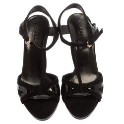 مملوكة مسبقًا صندل غوتشي سير تي جلد لامع وسويدي أسود مقاس 36.5