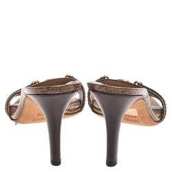 مملوكة مسبقًا صندل غوتشي سلايد إبزيم جي متشابك جلد وكانفاس كريستال جي جي بني ذهبي مقاس 40.5