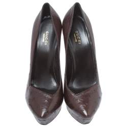 Pre Owned Gucci Brown Ostrich Leather Block Heel Platform Pumps Size 39