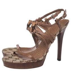 مملوكة مسبقًا صندل غوتشي نعل سميك سير بامبو جلد بني مقاس 38