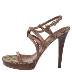 مملوكة مسبقًا صندل غوتشي نعل سميك سير بامبو جلد بني مقاس 38