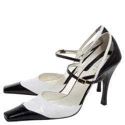 Gucci Black/White Leather Ankle Strap Square Toe Sandals Size 38.5