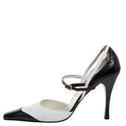 Gucci Black/White Leather Ankle Strap Square Toe Sandals Size 38.5