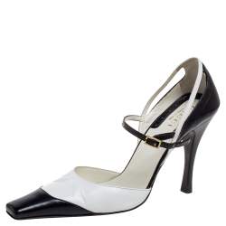 Gucci Black/White Leather Ankle Strap Square Toe Sandals Size 38.5