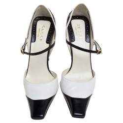 Gucci Black/White Leather Ankle Strap Square Toe Sandals Size 38.5