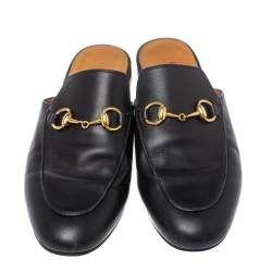 Pre Owned Gucci Black Leather Princetown Horsebit Flat Mules Size 36
